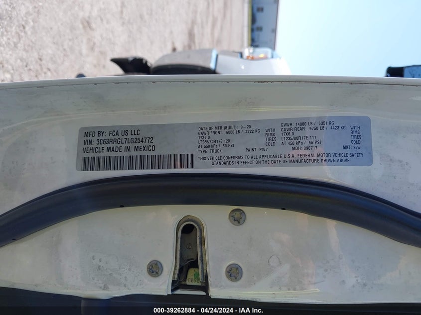 2020 Ram 3500 Tradesman 4X4 8' Box VIN: 3C63RRGL7LG254772 Lot: 39262884