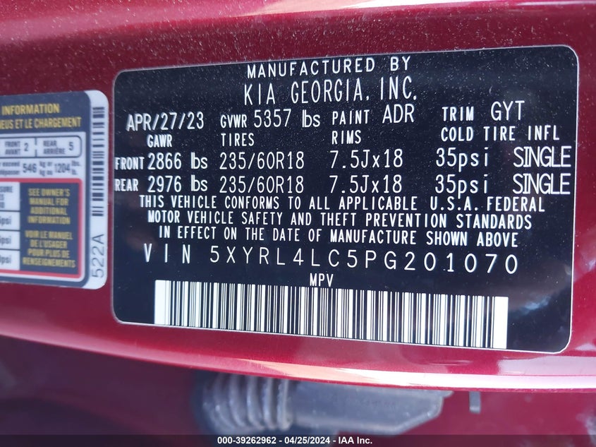 VIN 5XYRL4LC5PG201070 2023 KIA SORENTO S