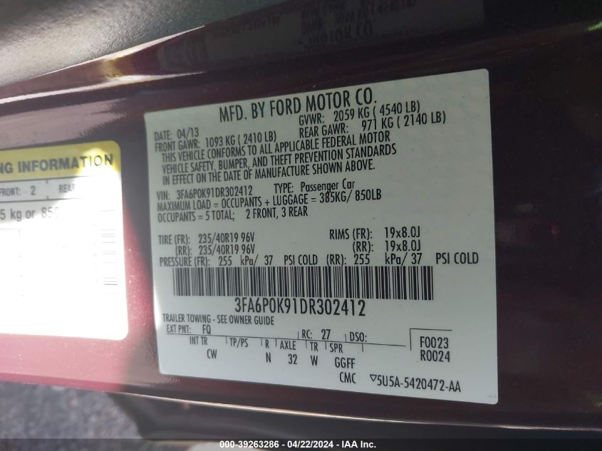 3FA6P0K91DR302412 | 2013 FORD FUSION