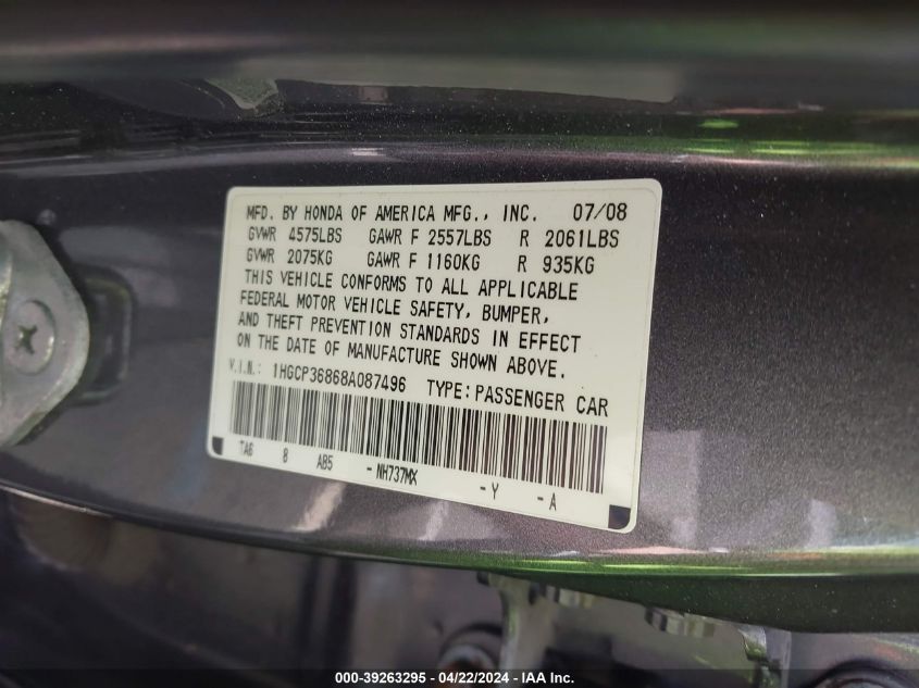 1HGCP36868A087496 | 2008 HONDA ACCORD