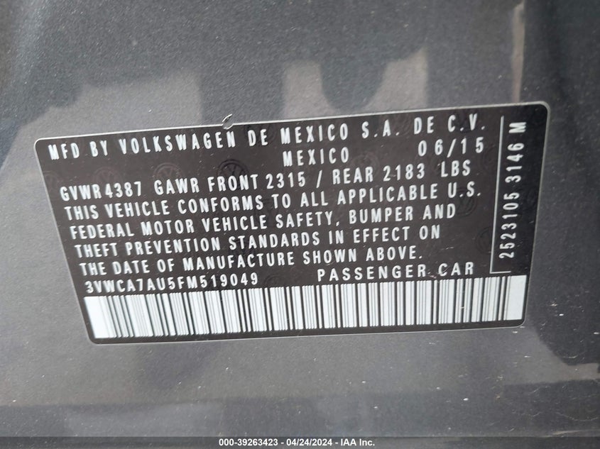 2015 VOLKSWAGEN GOLF SPORTWAGEN TDI S 4-DOOR - 3VWCA7AU5FM519049