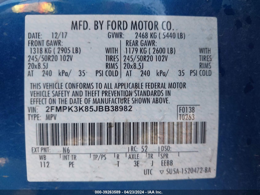 VIN 2FMPK3K85JBB38982 2018 FORD EDGE TITANIUM