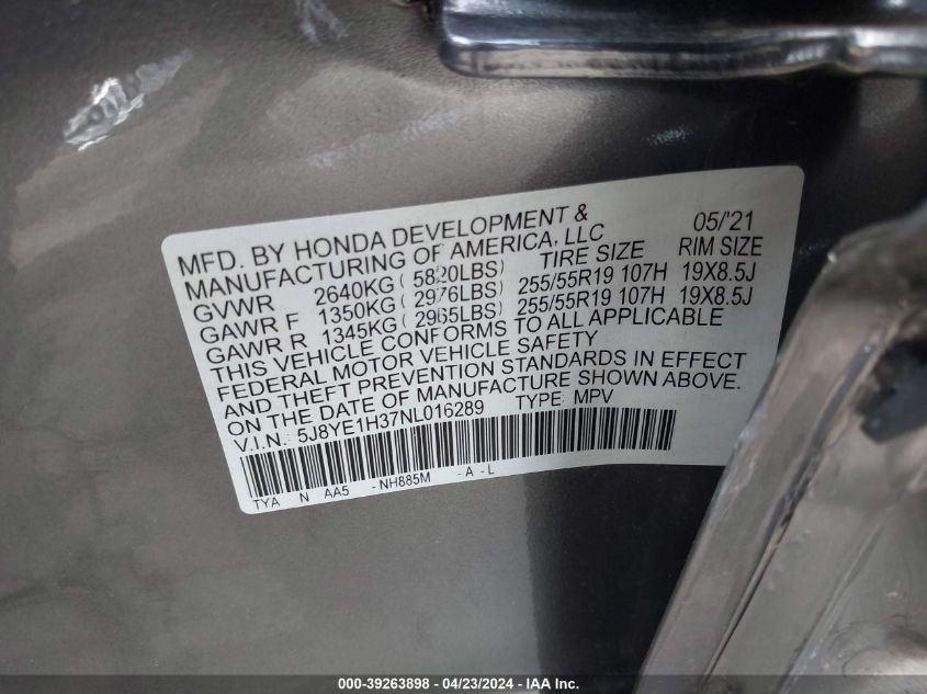 2022 Acura Mdx Standard VIN: 5J8YE1H37NL016289 Lot: 39263898