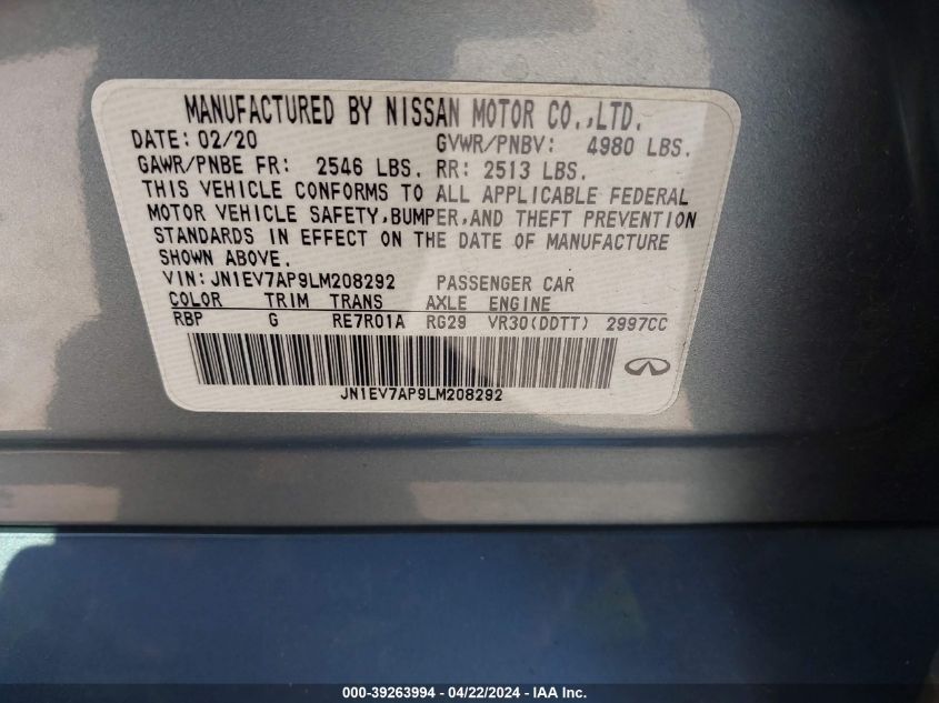 2020 Infiniti Q50 Luxe VIN: JN1EV7AP9LM208292 Lot: 39263994