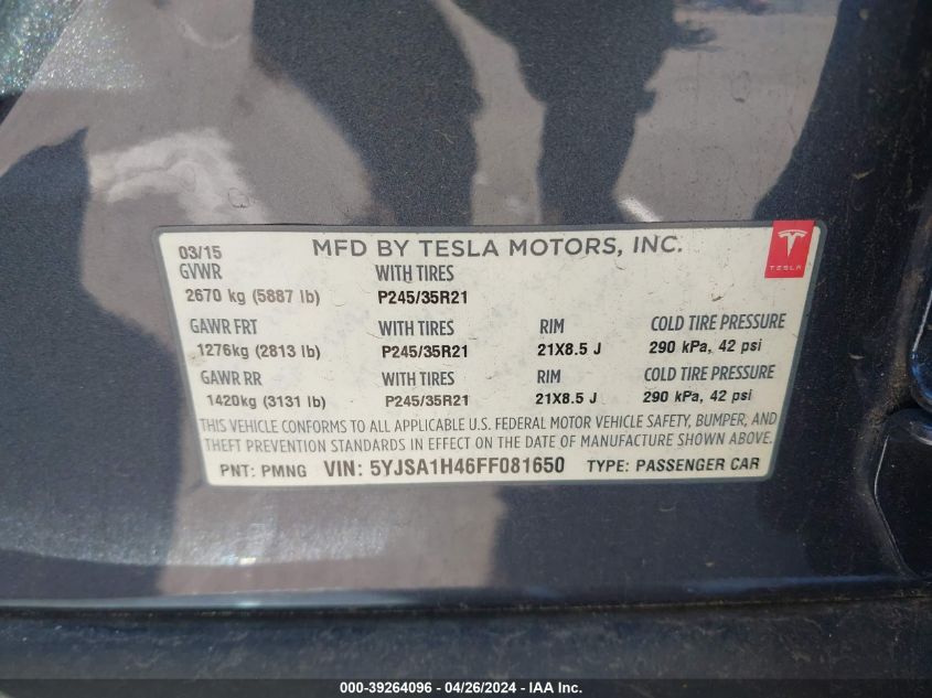 2015 Tesla Model S 85D/P85D VIN: 5YJSA1H46FF081650 Lot: 39264096