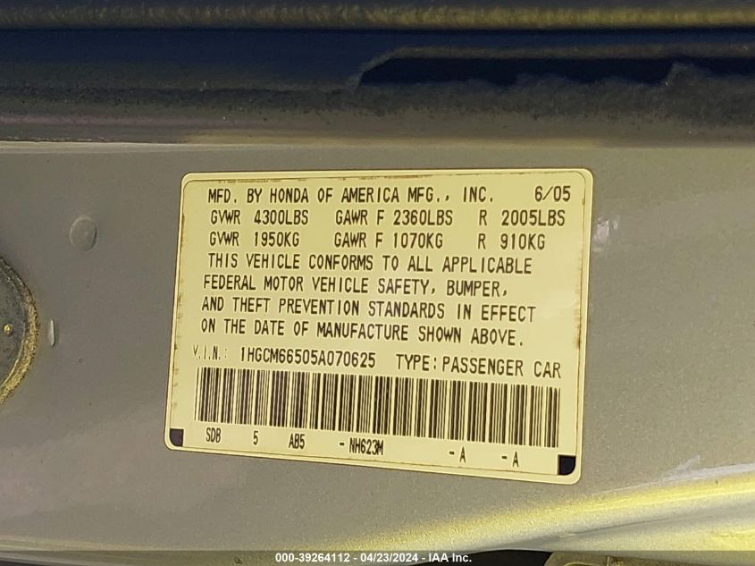 1HGCM66505A070625 | 2005 HONDA ACCORD