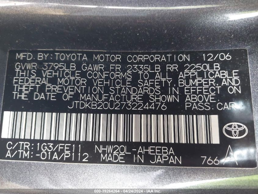 2007 Toyota Prius VIN: JTDKB20U273224476 Lot: 39264264