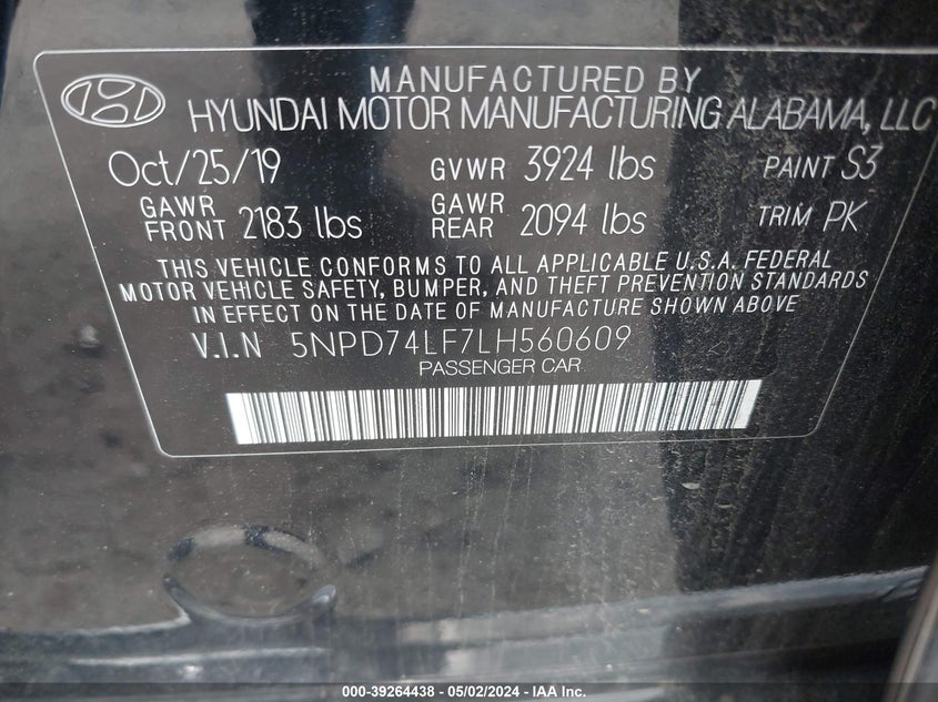 VIN 5NPD74LF7LH560609 2020 HYUNDAI ELANTRA SE
