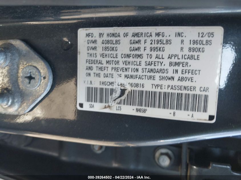 1HGCM56486A060816 | 2006 HONDA ACCORD