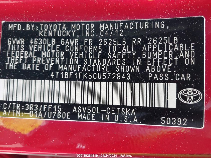 2012 Toyota Camry Se VIN: 4T1BF1FK5CU572843 Lot: 39264519