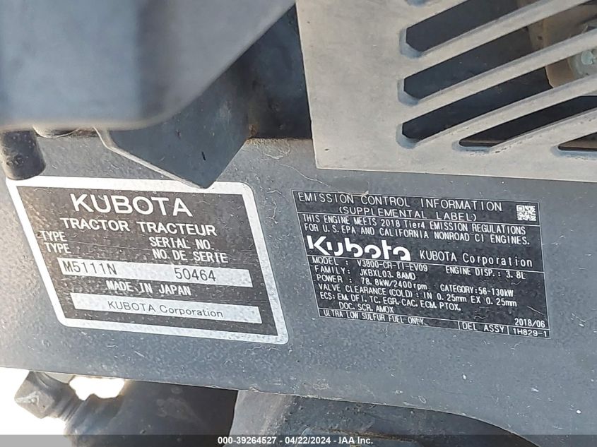 2019 Kubota M5-111 VIN: 50464 Lot: 39264527