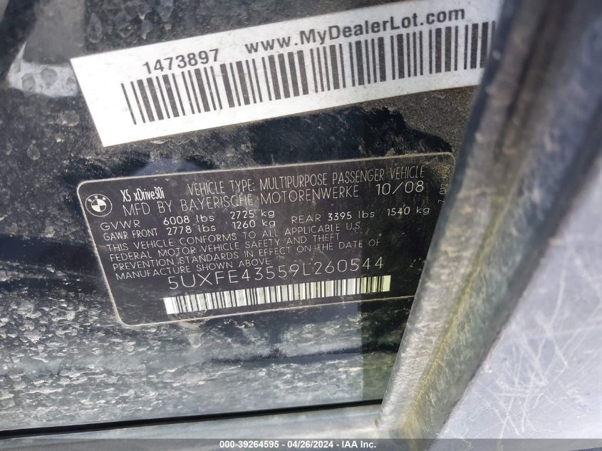 2009 BMW X5 xDrive30I VIN: 5UXFE43559L260544 Lot: 39264595