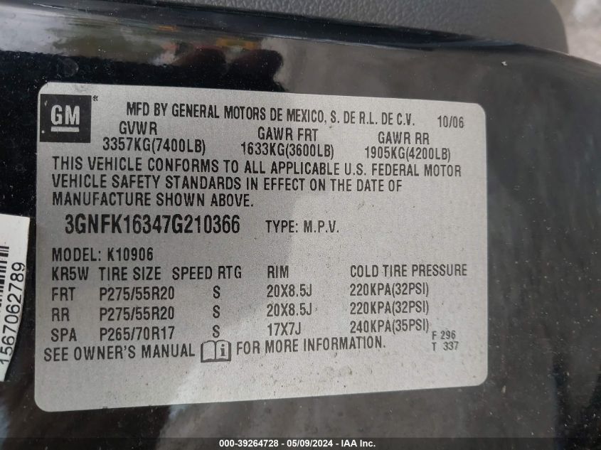 3GNFK16347G210366 2007 Chevrolet Suburban 1500 Ltz