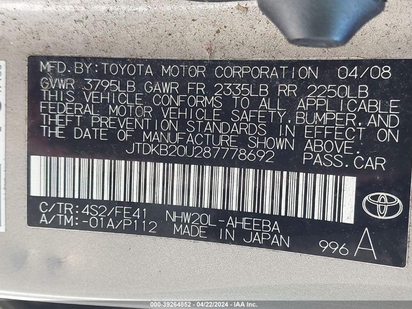 JTDKB20U287778692 | 2008 TOYOTA PRIUS