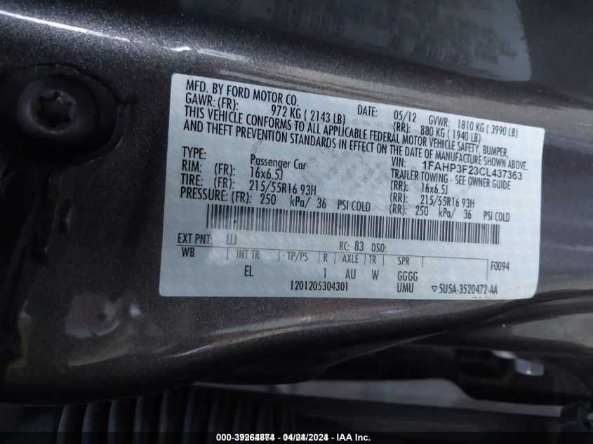 1FAHP3F23CL437363 2012 Ford Focus Se