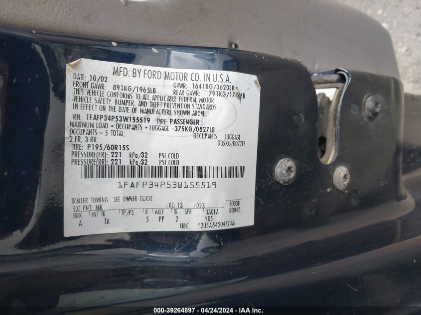 1FAFP34P53W155519 | 2003 FORD FOCUS