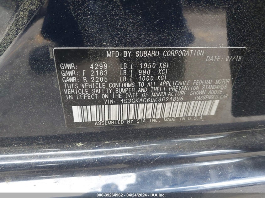 VIN 4S3GKAC60K3624896 2019 SUBARU IMPREZA PREMIUM