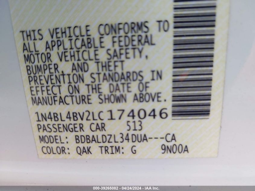 2020 Nissan Altima S Fwd VIN: 1N4BL4BV2LC174046 Lot: 39265082