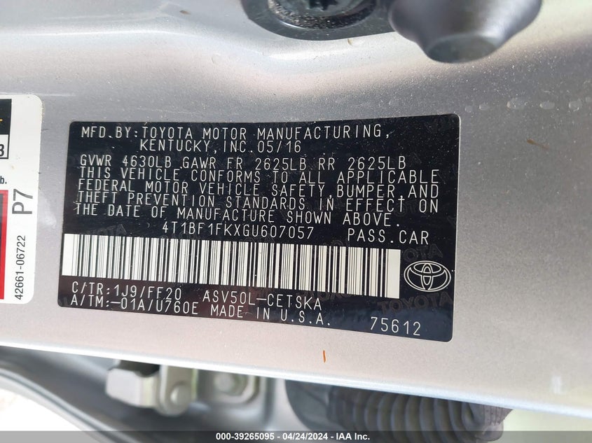 2016 Toyota Camry Se VIN: 4T1BF1FKXGU607057 Lot: 39265095