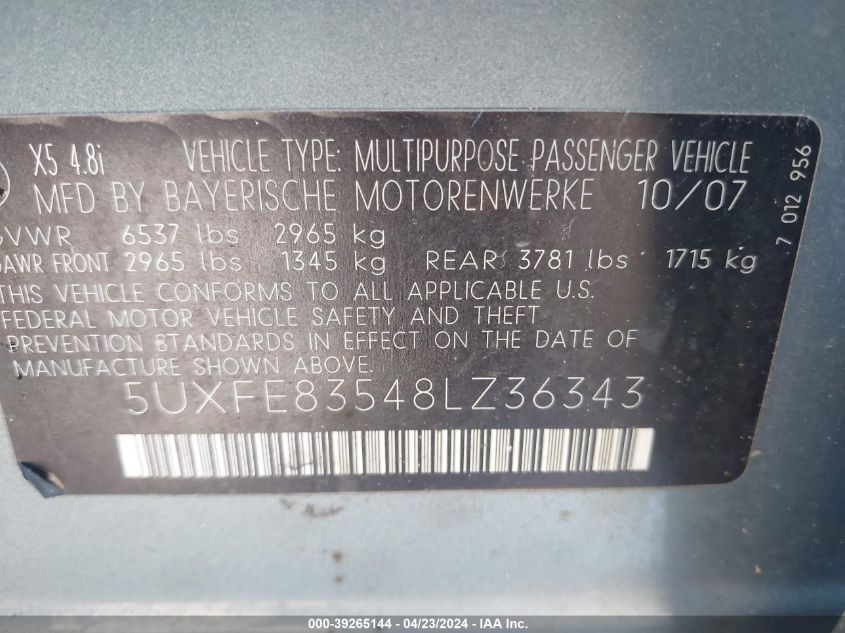 2008 BMW X5 4.8I VIN: 5UXFE83548LZ36343 Lot: 39265144