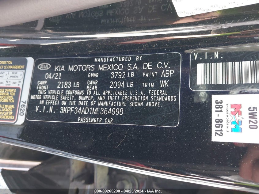 VIN 3KPF34AD1ME364998 2021 KIA FORTE GT LINE