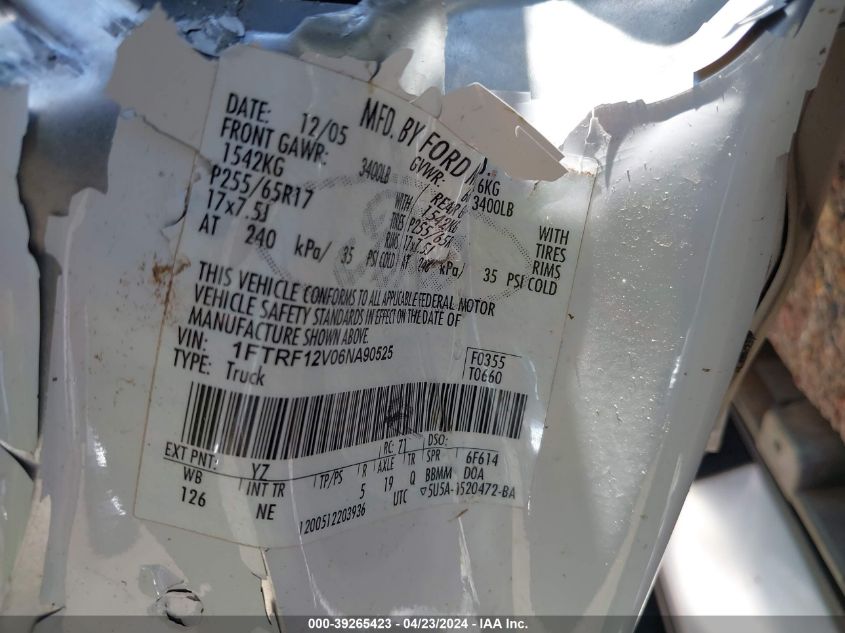 2006 Ford F-150 Xl/Xlt VIN: 1FTRF12VO6NA90525 Lot: 39265423