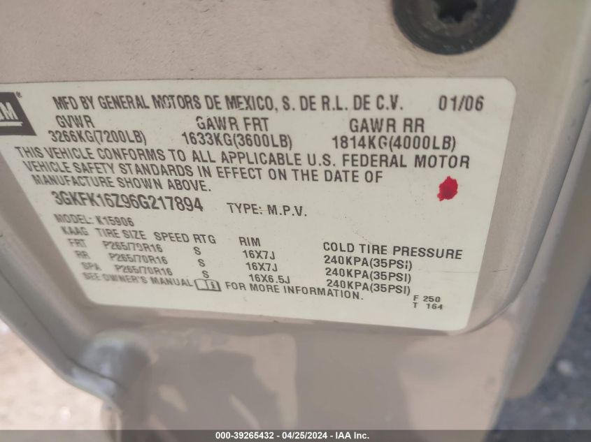2006 GMC Yukon Xl 1500 Sle VIN: 3GKFK16Z96G217894 Lot: 39265432