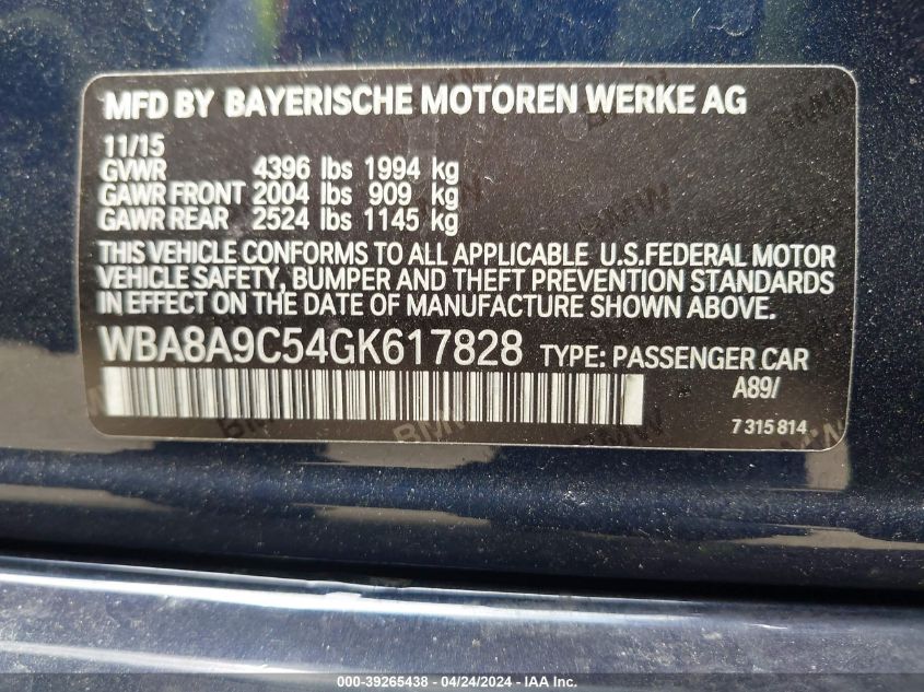 2016 BMW 320I VIN: WBA8A9C54GK617828 Lot: 39265438