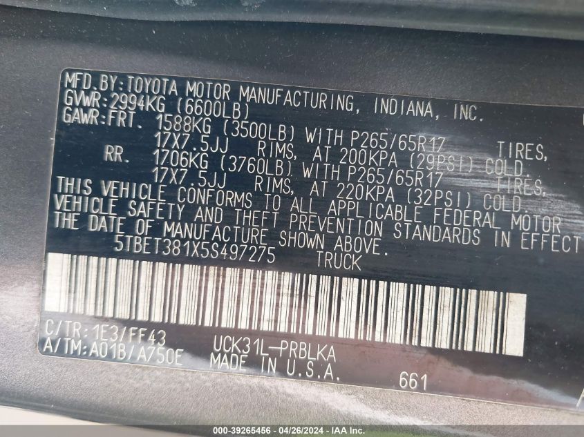 2005 Toyota Tundra Limited V8 VIN: 5TBET381X5S497275 Lot: 39265456