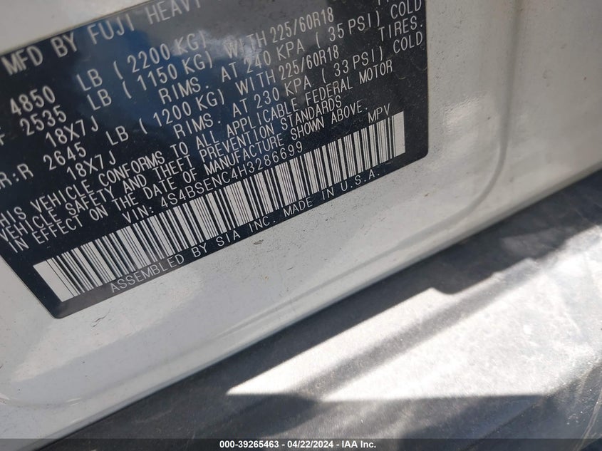 VIN 4S4BSENC4H3286699 2017 SUBARU OUTBACK 3.6R LIMITED