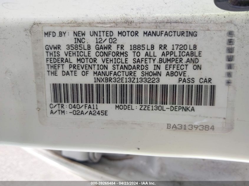 2003 Toyota Corolla Le VIN: 1NXBR32E13Z133223 Lot: 39265484