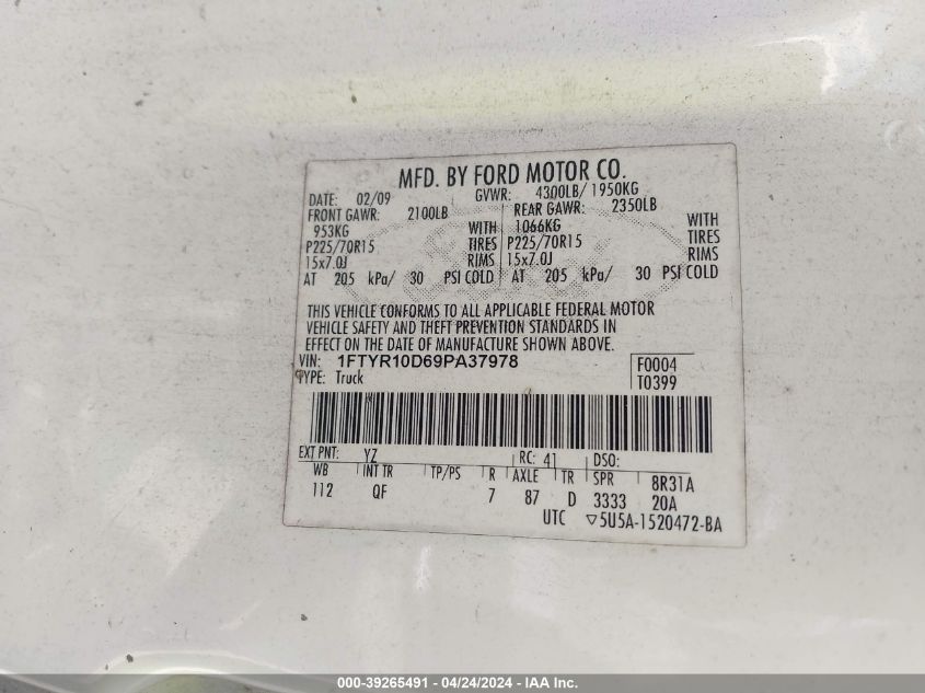 2009 Ford Ranger Sport/Xl/Xlt VIN: 1FTYR10D69PA37978 Lot: 39265491