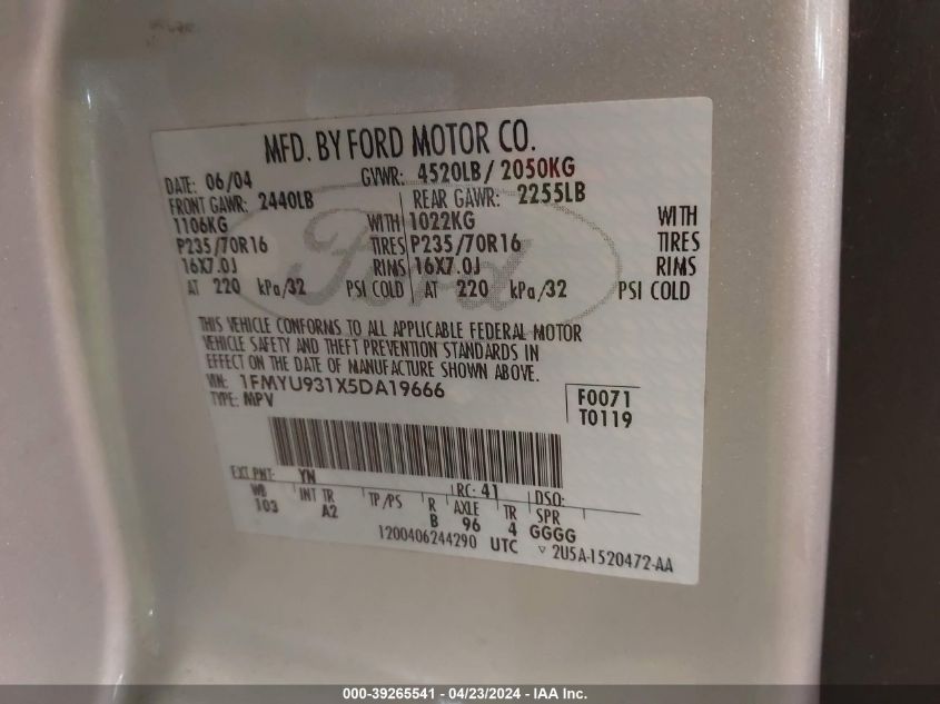 2005 Ford Escape Xlt VIN: 1FMYU931X5DA19666 Lot: 39265541