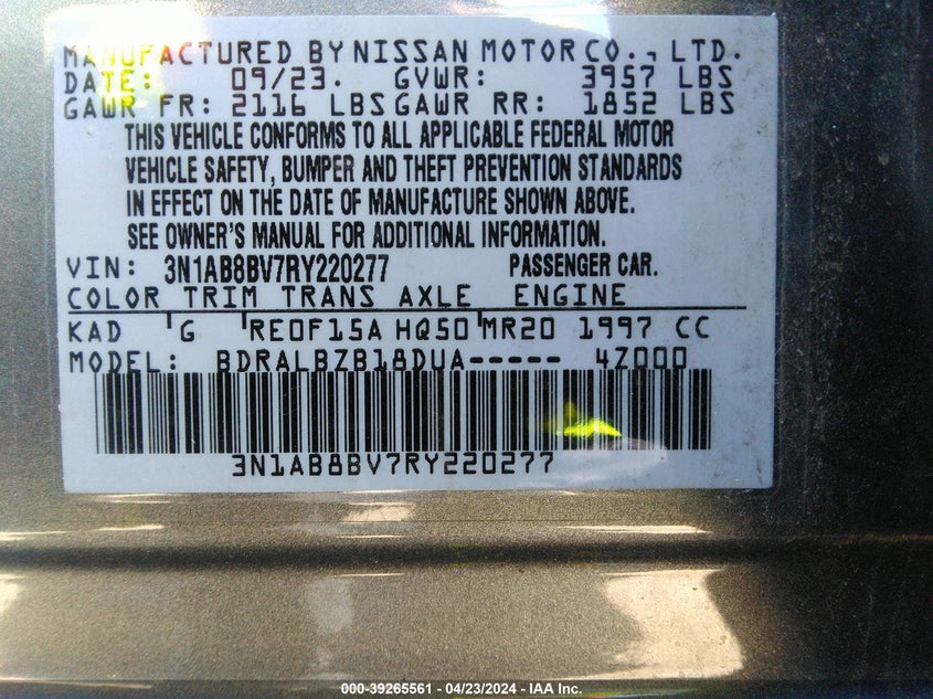 VIN 3N1AB8BV7RY220277 2024 NISSAN SENTRA S XTRONIC CVT