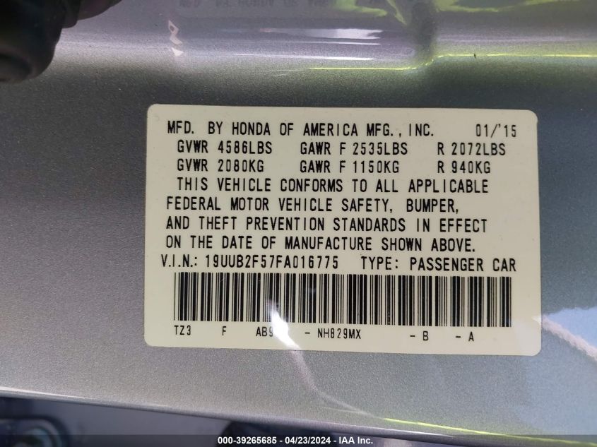 2015 Acura Tlx V6 Tech VIN: 19UUB2F57FA016775 Lot: 39265685