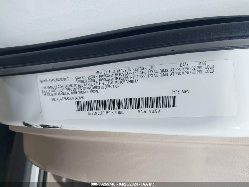 2007 Subaru Outback 2.5Xt Limited VIN: 4S4BP63CX74340056 Lot: 39265748