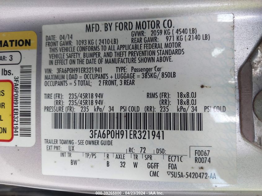 3FA6P0H91ER321941 | 2014 FORD FUSION