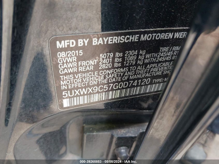 2016 BMW X3 xDrive28I VIN: 5UXWX9C57G0D74120 Lot: 39265853