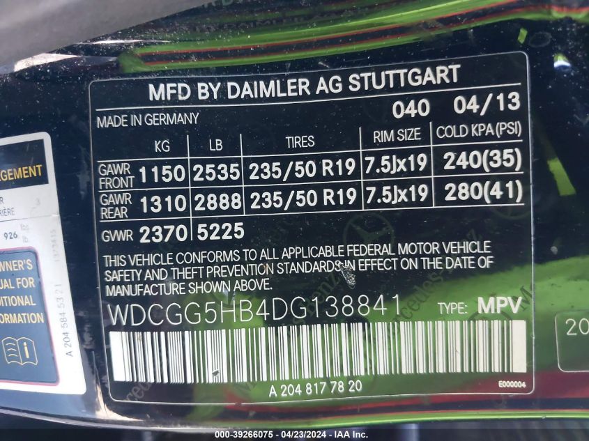 2013 Mercedes-Benz Glk 350 VIN: WDCGG5HB4DG138841 Lot: 39266075