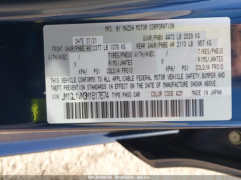 2021 MAZDA MAZDA6 2.5L I-4 DI, DOHC, V(VIN: JM1GL1VM3M1617674