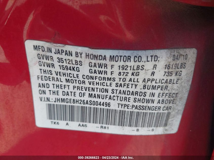 JHMGE8H26AS004496 2010 Honda Fit