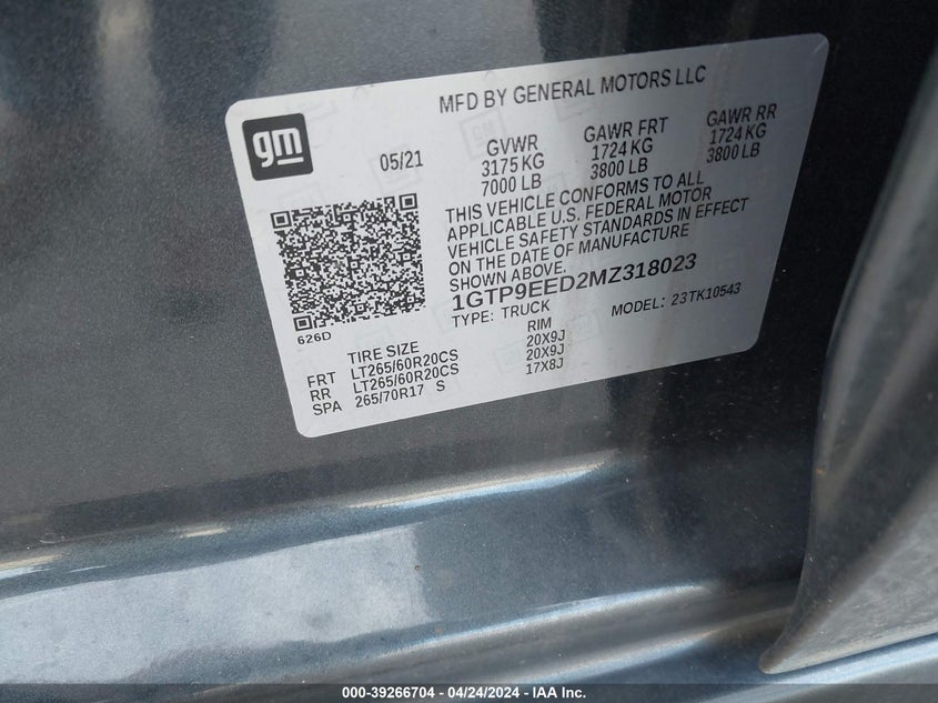 2021 GMC SIERRA 1500 5.3L V8 FI OHV 16V N(VIN: 1GTP9EED2MZ318023
