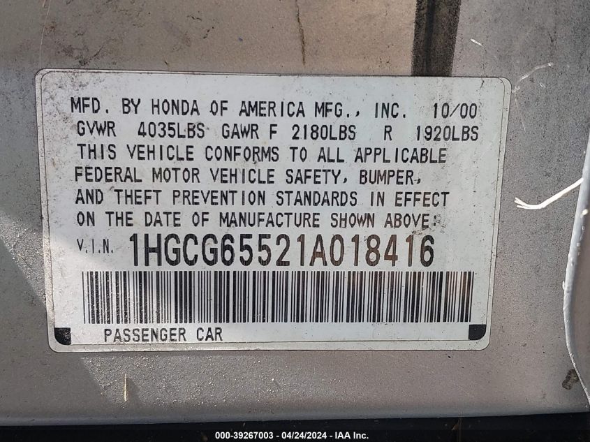 1HGCG65521A018416 | 2001 HONDA ACCORD