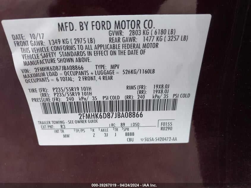 VIN 2FMHK6D87JBA08866 2018 FORD FLEX LIMITED