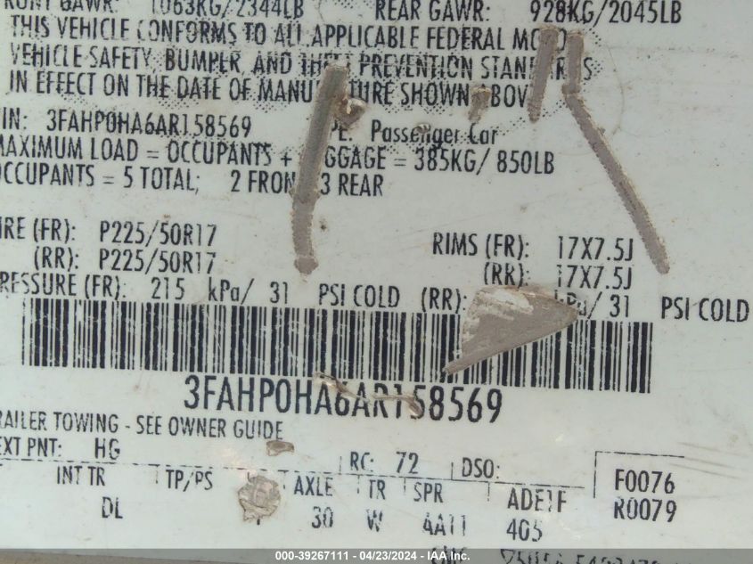 3FAHP0HA6AR158569 | 2010 FORD FUSION