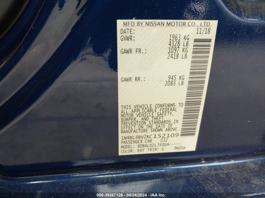 2019 NISSAN ALTIMA 2.5 S - 1N4BL4BV2KC152109
