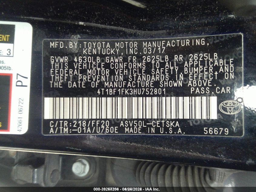 4T1BF1FK3HU752801 2017 Toyota Camry Se