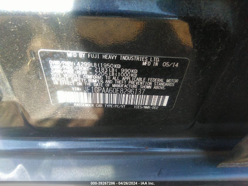 JF1GPAA60E8296137 2014 Subaru Impreza 2.0I