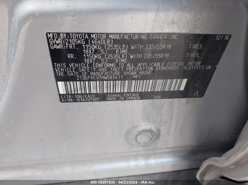 VIN 2T3DFREV7HW583411 2017 TOYOTA RAV4 LIMITED