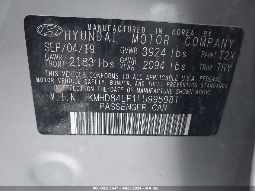 2020 Hyundai Elantra Value Edition VIN: KMHD84LF1LU995981 Lot: 39267647